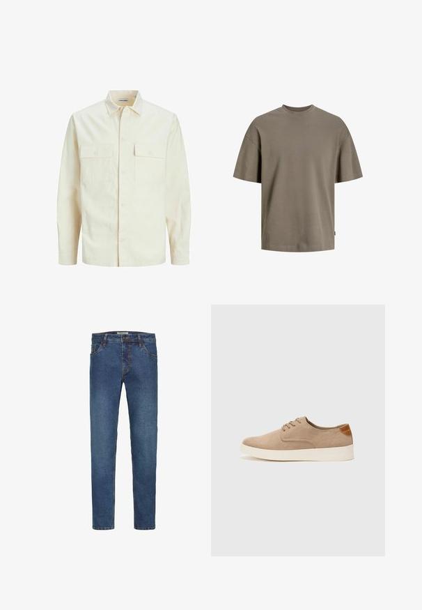 Šviesiai smėlio spalvos ilgomis rankovėmis marškiniai su apykakle, dviem priekinėmis kišenėmis, mygtukų uždarymu ir tekstūruota medžiaga.; Medvilninis marškinėliai muted olivine žalia; turi apvalų kaklą, trumpas rankoves ir laisvą siluetą su minimaliu siuvimo detalių.; Tamsiai mėlyni džinsai su tiesiu kirpimu, penkios kišenės, matomos siuvimo detalės ir šiek tiek patamsėjęs tekstūra. Varinė sagčių uždarymas.; Bežiniai zomšiniai sportbačiai su apvaliomis pirštų dalimis, raišteliais priekyje ir tekstūruotu užkulniu. Balta guma suteikia kontrastą. Paprastas ir modernus dizainas.