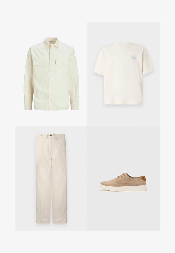 Ljusbeige långärmad skjorta med krage, två framfickor, knäppning och en texturerad tyg.; Krämfärgad t-shirt med korta ärmar i bomull, med en ljusblå broderad design på vänster bröst. Klassisk rund halsringning, avslappnad passform.; Linnebyxor i ljusbeige med dragsko i midjan, knappstängning och breda raka ben, med en subtil struktur genom hela plagget.; Beige mockasinsneakers med rund tå, snörning fram och texturerad bakaxel. Vit gummisula ger kontrast. Enkelt och modernt design.