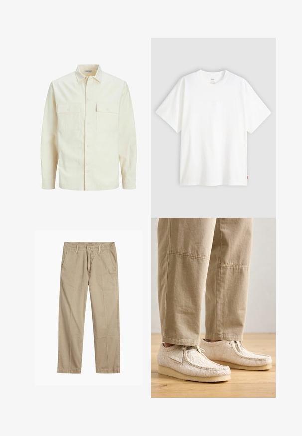 Camicia beige chiaro a maniche lunghe con colletto, due tasche frontali, chiusura a bottoni e un tessuto texturizzato.; T-shirt bianco a maniche corte in cotone con collo rotondo. Presenta un discreto dettaglio logo in rilievo sulla parte frontale e un'etichetta rossa sull'orlo.; Chinos beige a gamba dritta con passanti per cintura, chiusura frontale a bottone e zip, e tasche laterali inclinati.; Scarpe bianche texturizzate con un motivo pizzicato, design con lacci e suola in gomma beige, abbinate a pantaloni beige chiaro dalla vestibilità rilassata.