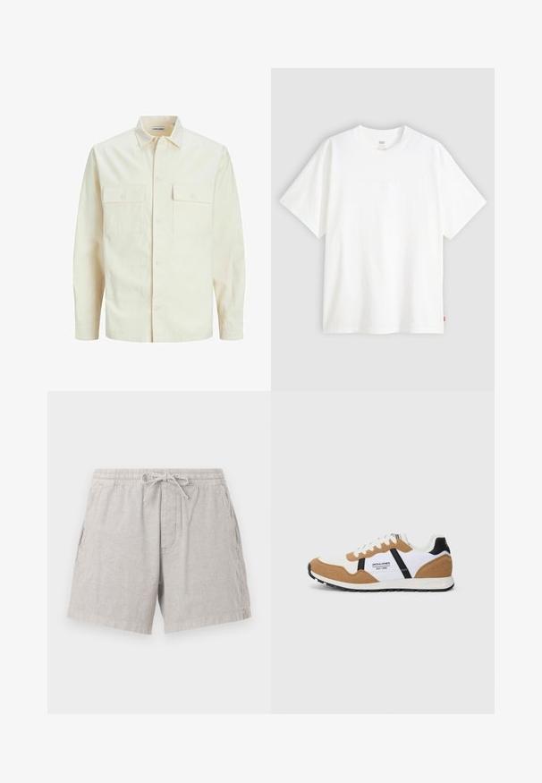 Chemise longue à manches longues beige clair avec un col, deux poches frontales, fermeture à boutons et un tissu texturé.; T-shirt blanc à manches courtes en coton avec col rond. Présente un détail de logo en relief discret à l'avant et une étiquette rouge à l'ourlet.; Shorts en lin gris avec une taille élastique et un cordon de serrage. Comprend des poches latérales et une coupe décontractée, avec une texture subtile.; Baskets au style rétro avec du suède blanc et beige, des accents noirs, des lacets blancs et le logo "Jack & Jones EST. 1990" sur le côté.