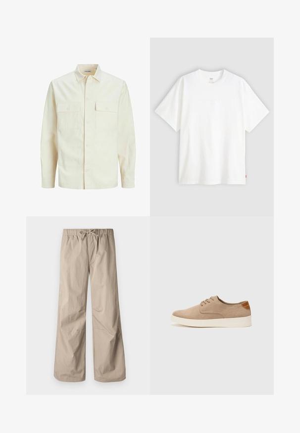 Svijetlo bež košulja dugih rukava s ovratnikom, dva prednja džepa, zatvaranje na dugmad i teksturirani materijal.; Bijela kratka majica od pamuka s okruglim izrezom. Sadrži suptilni reljefni logo detalj sprijeda i crvenu oznaku na rubu.; Bež hlače širokih nogavica s elastičnim pojasom i vezicom. Glatka tekstura, dva bočna džepa i minimalni šavovi za opuštenu prilagodbu.; Bež nubuk tenisice s okruglim vrhom, vezanjem sprijeda i teksturiranim stražnjim naglaskom. Bijela gumena potpetica pruža kontrast. Jednostavan i moderan dizajn.