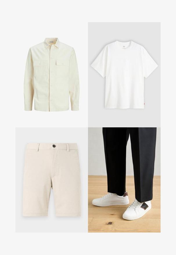 Hellbeige Langarmhemd mit klassischem Kragen, zwei Fronttaschen, Knopfverschluss und strukturiertem Stoff.; Weißes T-Shirt mit kurzen Ärmeln aus Baumwolle und rundem Halsausschnitt. Besitzt ein dezentes, geprägtes Logo-Detail auf der Vorderseite und ein rotes Etikett am Saum.; Beige Shorts aus leichtem Stoff, mit einem Frontknopfverschluss, Gürtelschlaufen und einer glatten Textur. Der Saum ist gerade.; Weiße Sneakers mit glatter Textur, versehen mit braunen Lederakzenten und schwarzen Details, kombiniert mit schwarzen maßgeschneiderten Hosen. Hintergrund aus Holzboden.