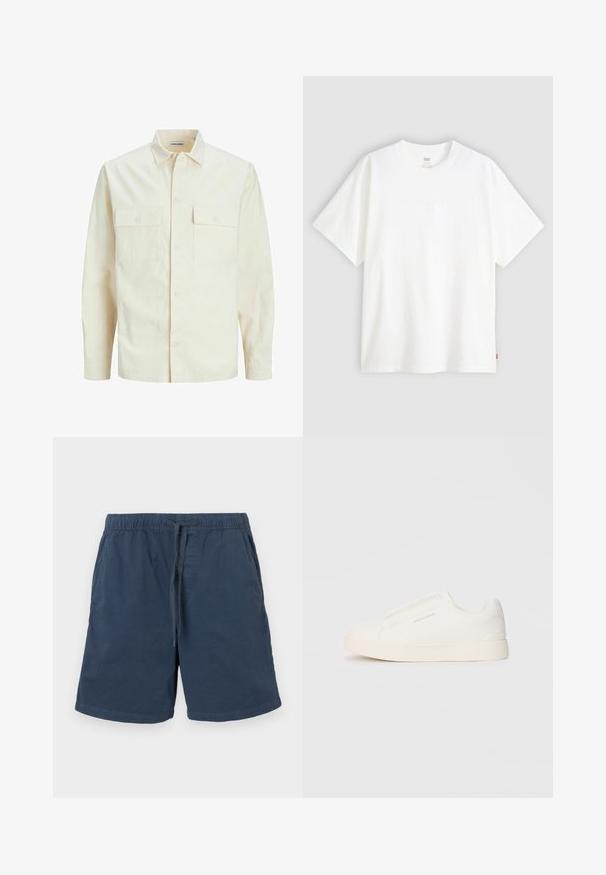 Chemise longue à manches longues beige clair avec un col, deux poches frontales, fermeture à boutons et un tissu texturé.; T-shirt blanc à manches courtes en coton avec col rond. Présente un détail de logo en relief discret à l'avant et une étiquette rouge à l'ourlet.; Shorts bleu marine en coton avec une taille élastique et un cordon de serrage. Comprend des poches latérales et une coupe droite.; Baskets blanches sans lacets avec une surface texturée, une semelle épaisse et un design minimaliste. Présente le logo de la marque sur le côté.