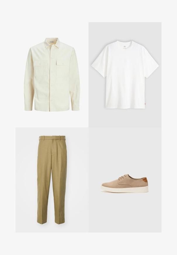 Light beige long-sleeve shirt with a collared neckline, two front pockets, button closure, and a textured fabric.; White short-sleeve t-shirt made of cotton with a crew neck. Features subtle embossed logo detail on the front and a red label at the hem.; Beige trousers made of textured fabric, featuring a straight leg design, belt loops, and front pleats.; Beige suede sneakers with a rounded toe, lace-up front, and a textured back accent. White rubber sole provides contrast. Simple and modern design.