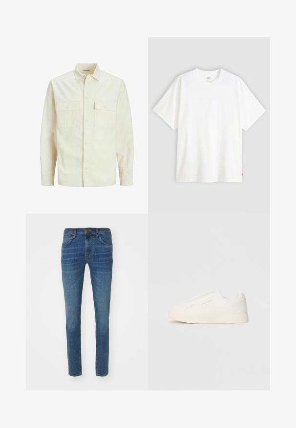 Vaaleanbeige pitkähihaisen paidan, jossa on kaulukset, kaksi etutaskua, nappikiinnitys ja tekstiilissä on tekstuuria.; Valkoinen lyhythihainen t-paita, joka on valmistettu puuvillasta ja jossa on pyöreä pääntie. Etupuolella on hienovarainen kohokuvioitu logo ja helmassa punainen etiketti.; Vaaleansiniset farkut slim fit -mallissa, viiden taskun suunnittelulla ja hienovaraisella haalistumisella edessä. Metallinen nappi ja vetoketjukiinnitys.; Valkoiset liukusukat, joissa on teksturoitu pinta, paksu pohja ja minimalistikot. Sivulla on brändin logo.