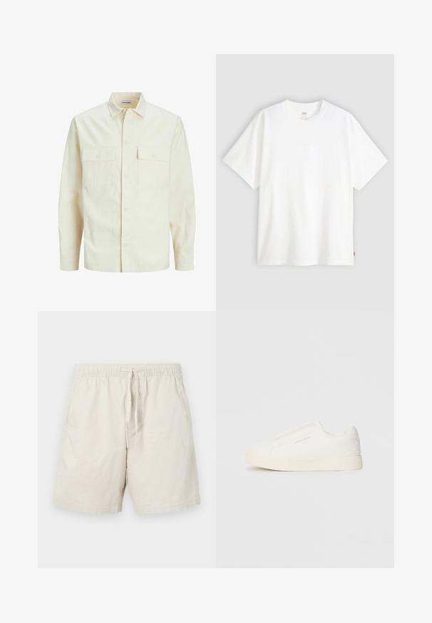 Camicia beige chiaro a maniche lunghe con colletto, due tasche frontali, chiusura a bottoni e un tessuto texturizzato.; T-shirt bianco a maniche corte in cotone con collo rotondo. Presenta un discreto dettaglio logo in rilievo sulla parte frontale e un'etichetta rossa sull'orlo.; Pantaloni corti beige in cotone con vita elastica, cordino regolabile e tasche laterali. Presentano una texture liscia e leggera.; Sneakers bianchi slip-on con superficie texturizzata, suola spessa e design minimalista. Presentano il logo del marchio sul lato.