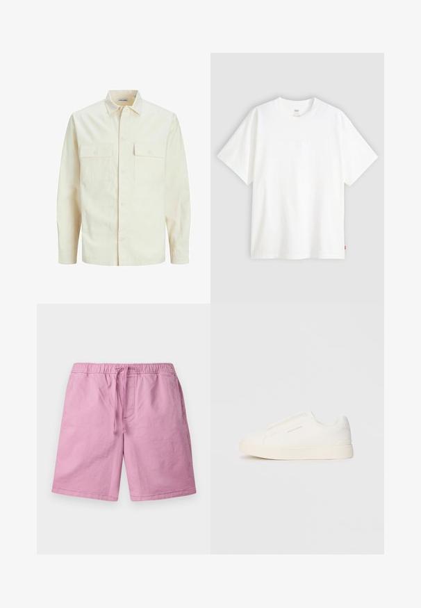 Hellbeige Langarmhemd mit klassischem Kragen, zwei Fronttaschen, Knopfverschluss und strukturiertem Stoff.; Weißes T-Shirt mit kurzen Ärmeln aus Baumwolle und rundem Halsausschnitt. Besitzt ein dezentes, geprägtes Logo-Detail auf der Vorderseite und ein rotes Etikett am Saum.; Helle rosa Shorts aus weichem Material, mit einem elastischen Bund und einem Kordelzug, sowie seitlichen Taschen. Gerader Schnitt, ohne Muster.; Weiße Slip-On-Sneaker mit einer strukturierten Oberfläche, dicker Sohle und minimalistischem Design. Mit Logo der Marke an der Seite.