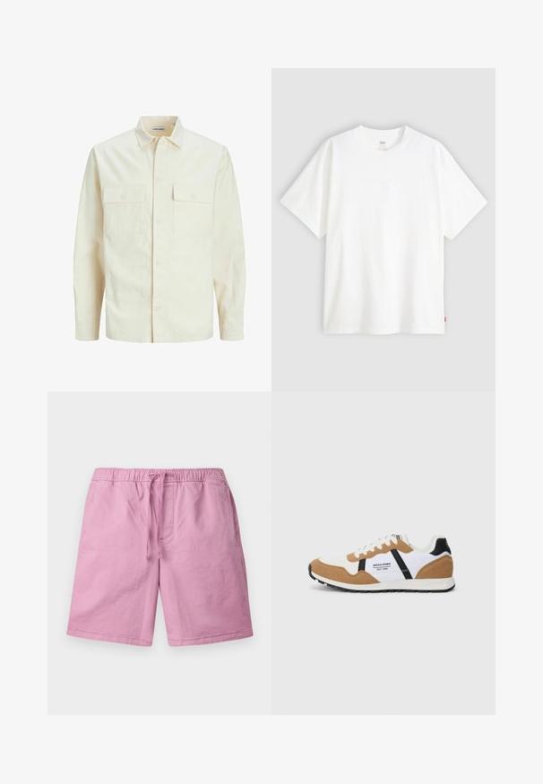 Lys beige langærmet skjorte med krave, to forlommer, knaplukning og et tekstureret stof.; Hvid kortærmet t-shirt i bomuld med rund hals. Har diskret præget logo-detalje på forsiden og et rødt mærke i kanten.; Lyserøde shorts lavet af et blødt materiale, med en elastisk talje med snøre og sidelommer. Lige skåret ben, ingen mønstre.; Retro-stil sneaker med hvid, tan ruskind, sorte accenter, hvide snørebånd og "Jack & Jones EST. 1990" logo på siden.