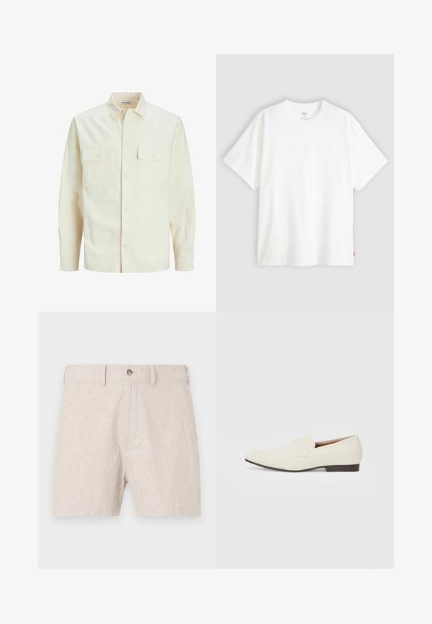 Gai bēšs garām piedurknēm krekls ar apkakles izgriezumu, divām priekšējām kabatām, pogu aizdari un teksturētu audumu.; Balta īslaicīga T-krekla ar īsām piedurknēm, kas izgatavots no kokvilnas, ar apaļu kakla izgriezumu. Priekšpusē ir smalks reljefs ar logotipu un sarkans birka apakšmalā.; Linu šorti gaiši bežā krāsā, ar pogu aizdari un klasisku piegriezumu ar smalku tekstūru. Dizainā nav redzamu kabatu.; Gai bēša kurpes ar smailu pirkstu, gludu materiālu, siksnu pāri pēdas daļai un zemu brūnu zoli. Vienkāršs dizains ar minimāliem akcentiem.