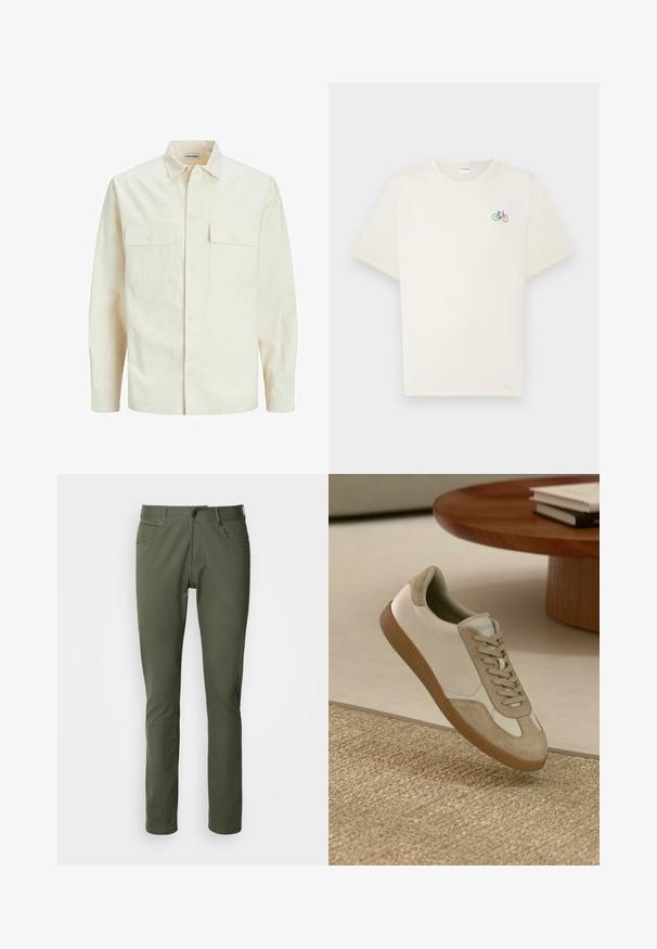 Világos bézs színű, hosszú ujjú ing, galléros nyakkal, két elülső zsebbel, gombos záródással és struktúrált anyaggal.; Tejkrémszínű, rövid ujjú pamut póló, bal oldalon egy kis, színes kerékpár grafikával.; Olíva zöld, pamut keverékből készült nadrág, klasszikus egyenes szabással, öt zsebbel és fémből készült gombos záródással. Sima textúra.; Könnyű sneaker, fehér bőr felsőrésszel, bézs velúr díszítéssel, kerek orral és texturált barna gumitalppal.