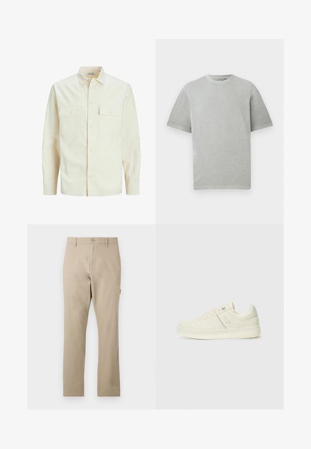 Kergedbež pika-särk pikkade varrukatega, krae ja kahe eespool asuva taskuga, nööpidega kinnitamine ja reljeefne materjal.; Helehall t-särk lühikeste varrukatega ja ümarate kaelustega, esitatud ühel lamedal valgel taustal.; Beige puuvillased püksid sirge jala disainiga, millel on eesnupu sulgemine ja peened õmbluse detailsed. Sile tekstuur, mustriteta.; Koor valged tossud perforatsiooni detailide, nööpide ja külje logo ka, esitatud ühtlase valge tausta ees.