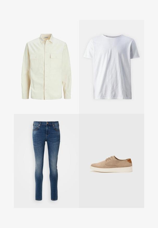 Cămașă lungă cu mâneci lungi de culoare bej deschis, cu guler, două buzunare frontale, închidere cu butoane și un material texturat.; Tricou alb cu mânecă scurtă, fabricat dintr-un material ușor. Guler rotund cu o textură netedă, fără modele sau accente vizibile.; Jeans slim-fit din denim albastru închis. Dispune de cinci buzunare, un umăr pentru curea și decolorare ușoară. Detalii cusute cu fir contrastant bej.; Tenisi din suede bej cu vârf rotund, sistem de șireturi în față și un accent texturat în spate. Talpa albă din cauciuc oferă un contrast. Design simplu și modern.