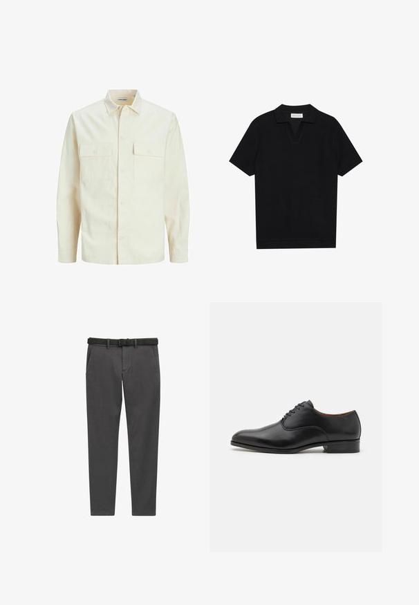Jasno beżowa koszula z długim rękawem, z kołnierzykiem, dwoma kieszeniami z przodu, zapięciem na guziki i teksturowanym materiałem.; Czarna koszulka polo z krótkim rękawem, wykonana z teksturowanej, prążkowanej tkaniny, z dekoltem w kształcie litery V i prostym zakończeniem. Bez widocznych logo ani wzorów.; Szare spodnie wykonane z tkaniny żakardowej, o prostym kroju, z bocznymi kieszeniami oraz czarnym skórzanym paskiem z srebrną klamrą.; Czarne skórzane buty do dress code'u o gładkim wykończeniu, spiczastym nosku i sznurowaniu na sześć oczek, z niskim obcasem i subtelnymi detalami w szwie.
