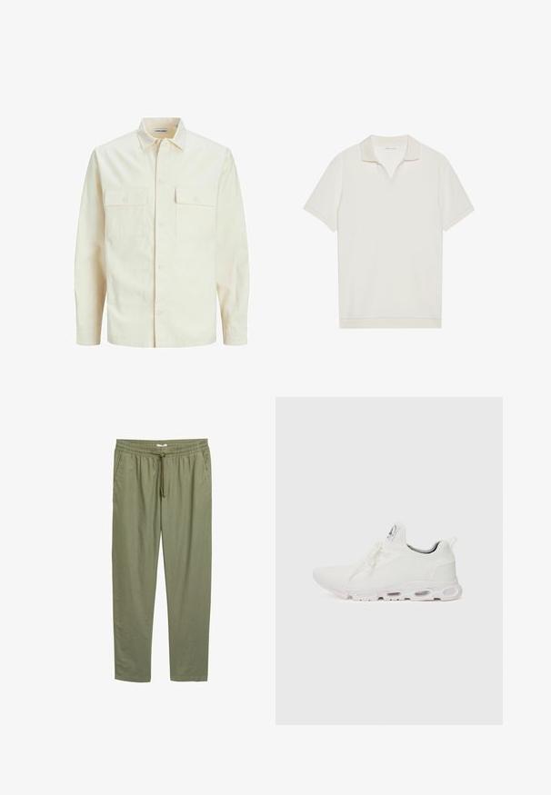 Camicia beige chiaro a maniche lunghe con colletto, due tasche frontali, chiusura a bottoni e un tessuto texturizzato.; Polo shirt bianco a maniche corte con scollo a V e tessuto testurizzato. Design semplice con colletto e accenti delle maniche a contrasto.; Pantaloni leggeri tapered color verde oliva, con vita elastica e cordoncino. Presentano tasche laterali e una texture liscia.; Scarpe atletiche bianche con tomaia in maglia testurizzata, lacci piatti e una suola ammortizzata con camere d'aria visibili per un supporto aggiuntivo.