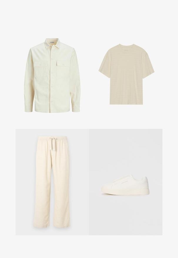 Svetlo béžová košeľa s dlhým rukávom, s golierom, dvoma prednými vreckami, zapínaním na gombíky a textúrovanou látkou.; Krémové tričko s krátkym rukávom s jemnou pruhovanou štruktúrou a okrúhlym výstrihom, vyrobené z ľahkého materiálu.; Priesvitné nohavice širokého strihu z lneného zmesi v off-white, s elastickým pásom a sťahovacou šnúrkou. Hladká textura a celoročný dizajn.; Biele slip-on tenisky s textúrovaným povrchom, hrubou podrážkou a minimalistickým dizajnom. Obsahuje logo značky na boku.