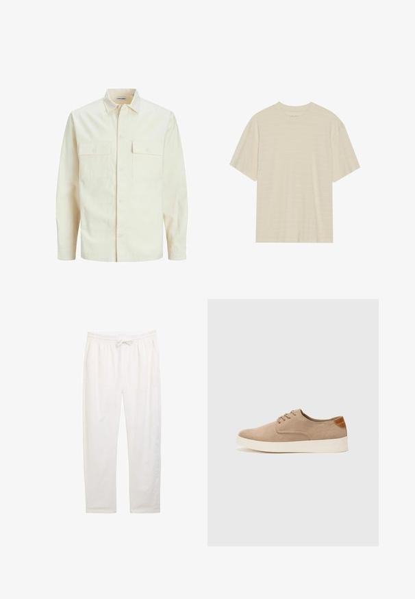 Kergedbež pika-särk pikkade varrukatega, krae ja kahe eespool asuva taskuga, nööpidega kinnitamine ja reljeefne materjal.; Kreemi tooni lühikese varrukaga T-särk, mis sisaldab õrna triibulist tekstuuri ja ümardatud kaelust, valmistatud kergest kangast.; Valged lõdvad vabaaja püksid elastse vöökoha ja nööriga, küljetaskute ja siledat, pehmet tekstuuri omavad.; Beežid nahast tossud ümarate varvastega, paeltega esiosa ja tekstuuriga tagakontuuriga. Valge kummist tallapakkumine loob kontrasti. Lihtne ja kaasaegne disain.