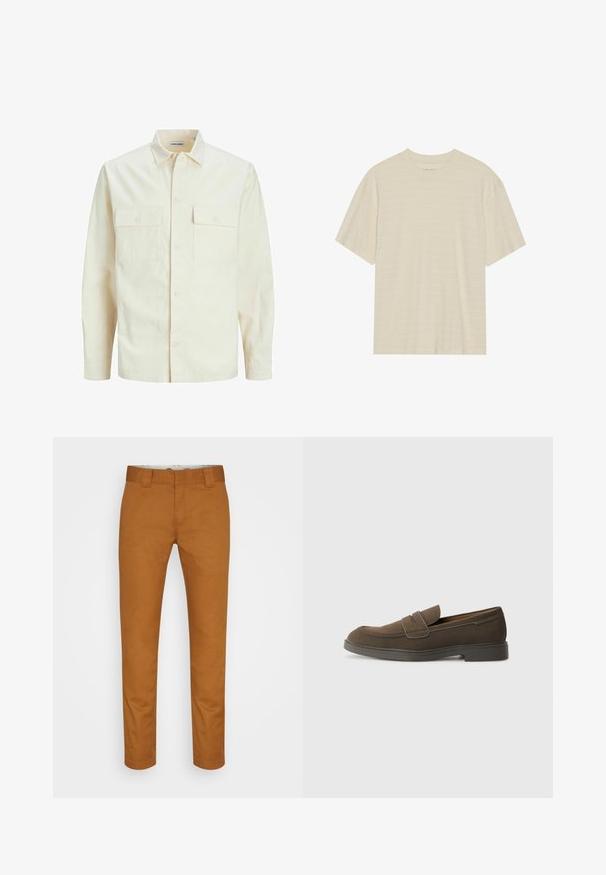 Světle béžová košile s dlouhým rukávem, límečkem, dvěma předními kapsami, zapínáním na knoflíky a strukturovanou tkaninou.; Krémové tričko s krátkým rukávem, které má jemnou pruhovanou strukturu a kulatý výstřih, vyrobené z lehkého materiálu.; Hnědé bavlněné kalhoty se rovný střih, přední kapsy a čistou, hladkou texturou. Obsahují poutka na pásek a diskrétní detaily šití.; Hnědé semišové loafer boty s kulatou špičkou, páskem přes nárt a plochou gumovou podrážkou. Jednoduchý design s čistými liniemi a minimálním zdobením.
