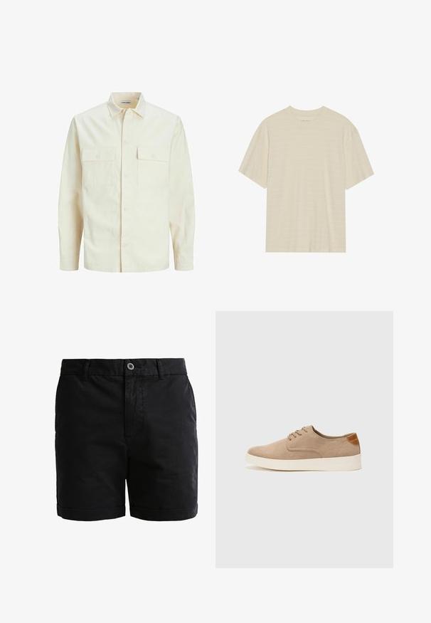 Svijetlo bež košulja dugih rukava s ovratnikom, dva prednja džepa, zatvaranje na dugmad i teksturirani materijal.; Majica kratkih rukava krem boje s blagom prugastom teksturom i okruglim izrezom, izrađena od lagane tkanine.; Crne pamučne šortse s glatkom teksturom, zatvaranjem na dugme i zavrnutim rubovima. Imaju petlje za remen i prednje džepove za praktičnost.; Bež nubuk tenisice s okruglim vrhom, vezanjem sprijeda i teksturiranim stražnjim naglaskom. Bijela gumena potpetica pruža kontrast. Jednostavan i moderan dizajn.