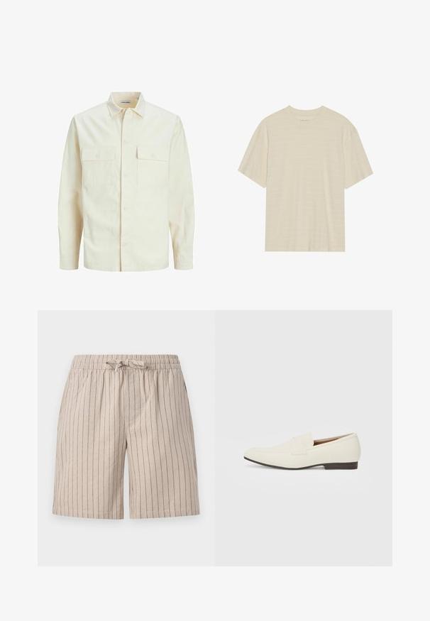 Hellbeige Langarmhemd mit klassischem Kragen, zwei Fronttaschen, Knopfverschluss und strukturiertem Stoff.; Cremfarbener T-Shirt mit kurzen Ärmeln, das über eine subtile gestreifte Textur und einen runden Ausschnitt verfügt, aus leichtem Stoff gefertigt.; Beige gestreifte Shorts aus leichtem Stoff. Verfügt über einen elastischen Bund mit Kordelzug und seitlichen Taschen. Vertikale Streifen im Detail.; Hellbeige Slipper mit spitzem Zehenbereich, glattem Material, einem Riemen über dem Vorderfuß und einer niedrigen braunen Sohle. Einfaches Design mit minimalen Akzenten.