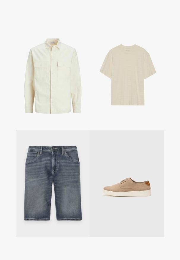 Világos bézs színű, hosszú ujjú ing, galléros nyakkal, két elülső zsebbel, gombos záródással és struktúrált anyaggal.; Krém színű, rövid ujjú póló, finom csíkozott textúrával és kerek nyakkivágással, könnyű anyagból készült.; Tönkrement kék árnyalatú farmer rövidnadrág, gombos és cipzáras záródással, öt zsebbel és látható varrási részletekkel.; Beige velúr sportcipő, kerek orral, fűzős elülső résszel és textúrált hátsó részlettel. Fehér gumitalp kontrasztot ad. Egyszerű és modern design.