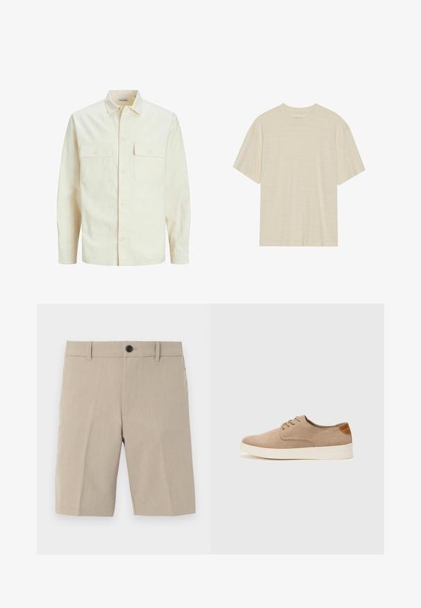 Világos bézs színű, hosszú ujjú ing, galléros nyakkal, két elülső zsebbel, gombos záródással és struktúrált anyaggal.; Krém színű, rövid ujjú póló, finom csíkozott textúrával és kerek nyakkivágással, könnyű anyagból készült.; Beige rövidnadrág sima elejével, enyhe textúrával, egy gombos záródással, övhurkokkal és két oldalsó zsebbel. Testhez simuló fazon, térd hosszúságú.; Beige velúr sportcipő, kerek orral, fűzős elülső résszel és textúrált hátsó részlettel. Fehér gumitalp kontrasztot ad. Egyszerű és modern design.