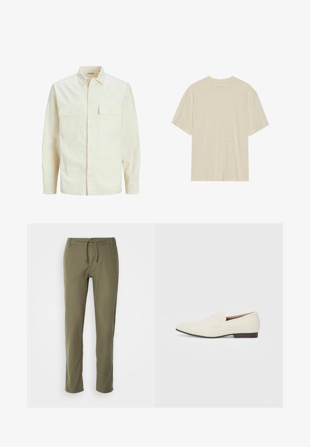 Lichtbeige langemouwen shirt met een kraaghalslijn, twee voorzakken, knoopsluiting en een gestructureerde stof.; Crème-kleurig t-shirt met korte mouwen, voorzien van een subtiele gestreepte textuur en een ronde halslijn, gemaakt van lichte stof.; Olijf groene, lichte broek met een rechte snit, verstelbare koordsluiting in de taille en een subtiele textuur in de stof. Geen zichtbare zakken.; Lichtbeige loafers met een spitse neus, glad materiaal, een band over de wreef en een lage bruine zool. Eenvoudig ontwerp met minimale accenten.