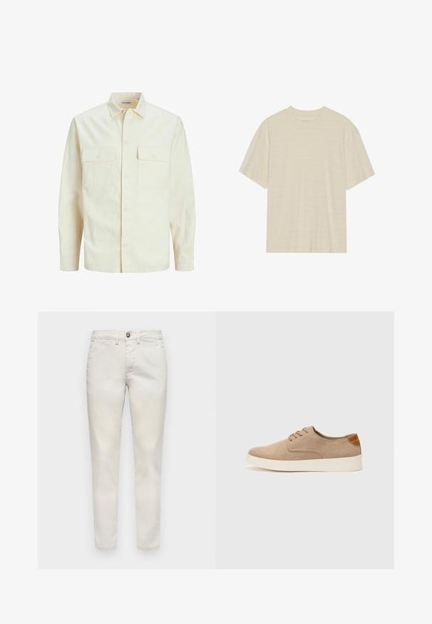 Lichtbeige langemouwen shirt met een kraaghalslijn, twee voorzakken, knoopsluiting en een gestructureerde stof.; Crème-kleurig t-shirt met korte mouwen, voorzien van een subtiele gestreepte textuur en een ronde halslijn, gemaakt van lichte stof.; Beige katoenen broek met een slim fit, voorzien van een knoopsluiting, zijzakken en een gladde textuur. Standaard lengte met opgerolde zomen.; Beige suède sneakers met een ronde neus, vetersluiting aan de voorkant en een getextureerde achteraccent. De witte rubberen zool zorgt voor contrast. Eenvoudig en modern ontwerp.