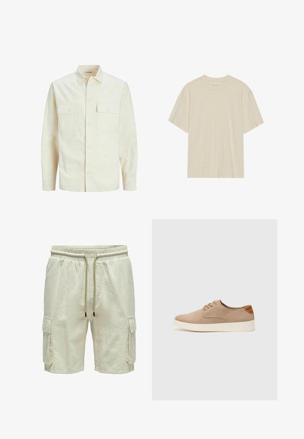 Camicia beige chiaro a maniche lunghe con colletto, due tasche frontali, chiusura a bottoni e un tessuto texturizzato.; T-shirt a maniche corte di colore crema con una delicata trama a righe e scollo rotondo, realizzato in tessuto leggero.; Pantaloni cargo beige con tessuto testurizzato, cintura elastica e cordoncino. Presentano due tasche laterali con pattine.; Sneaker in suede beige con punta arrotondata, stringhe davanti e un accento testurizzato sul retro. La suola in gomma bianca offre un contrasto. Design semplice e moderno.