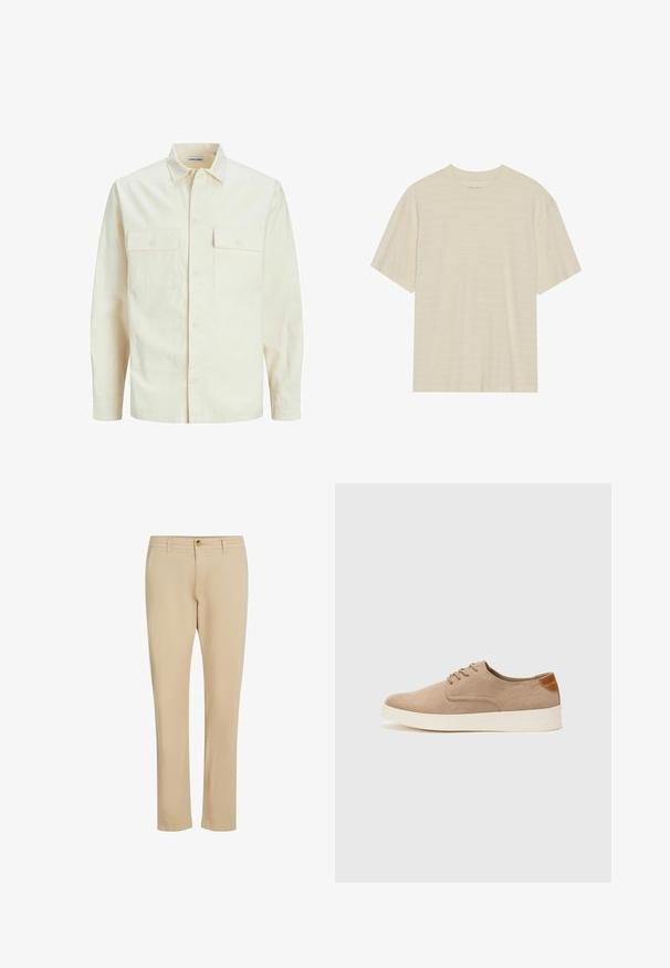 Light beige long-sleeve shirt with a collared neckline, two front pockets, button closure, and a textured fabric.; Cream-colored short-sleeve t-shirt featuring a subtle striped texture and a round neckline, made from lightweight fabric.; Beige trousers with a straight-leg design, featuring a zip fly and button closure, made from smooth fabric with subtle stitching details.; Beige suede sneakers with a rounded toe, lace-up front, and a textured back accent. White rubber sole provides contrast. Simple and modern design.