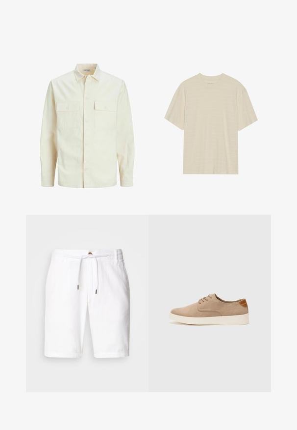 Chemise longue à manches longues beige clair avec un col, deux poches frontales, fermeture à boutons et un tissu texturé.; T-shirt crème à manches courtes avec une texture rayée subtile et un col rond, fabriqué en tissu léger.; Shorts en lin blanc avec une taille élastique et un système de fermeture à cordon, offrant une coupe décontractée. Texture lisse, sans motifs visibles.; Baskets en daim beige avec un embout arrondi, un laçage sur le devant et un accent texturé à l'arrière. La semelle en caoutchouc blanche offre un contraste. Design simple et moderne.