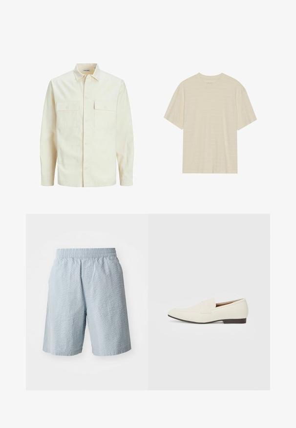 Lichtbeige langemouwen shirt met een kraaghalslijn, twee voorzakken, knoopsluiting en een gestructureerde stof.; Crème-kleurig t-shirt met korte mouwen, voorzien van een subtiele gestreepte textuur en een ronde halslijn, gemaakt van lichte stof.; Lichtblauwe shorts van een gestructureerde stof, met een elastische tailleband en zijzakken. Het ontwerp heeft een losse pasvorm en een knielange snit.; Lichtbeige loafers met een spitse neus, glad materiaal, een band over de wreef en een lage bruine zool. Eenvoudig ontwerp met minimale accenten.