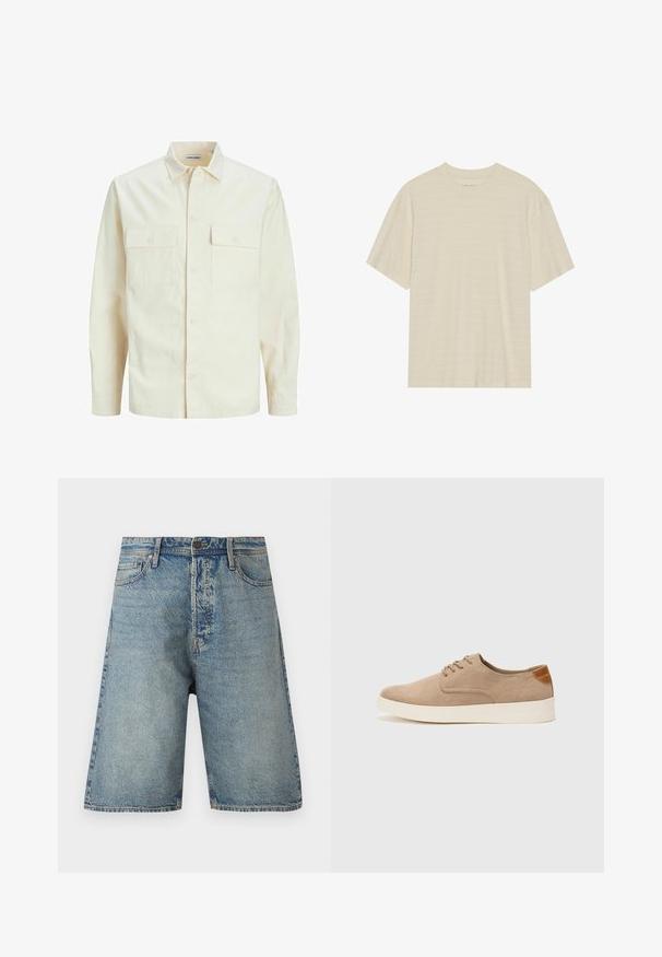 Svetlo béžová košeľa s dlhým rukávom, s golierom, dvoma prednými vreckami, zapínaním na gombíky a textúrovanou látkou.; Krémové tričko s krátkym rukávom s jemnou pruhovanou štruktúrou a okrúhlym výstrihom, vyrobené z ľahkého materiálu.; Džínové šortky s svetlomodrým praním, päť vrecúškovým dizajnom a rovný strih. Odolná tkanina s viditeľným šitím a zapínaním na gombík.; Béžové semišové tenisky s okrúhlou špičkou, šnurovaním vpredu a textúrovaným zadným akcentom. Biela gumová podrážka poskytuje kontrast. Jednoduchý a moderný dizajn.
