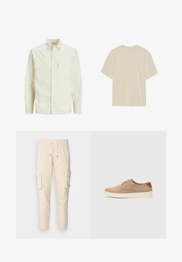 Svetlo bež srajca z dolgimi rokavi, ovratnim izrezom, dvema sprednjima žepoma, zapenjanjem na gumbe in teksturirano tkanino.; T-maica kratkih rukava kremaste barve z diskretnim prugastim vzorcem in okroglim izrezom, izdelana iz lahkotnega blaga.; Bež hlače s cargo krojem z elastiko in vrvico v pasu. Imajo dve stranski cargo žepi in taperan kroj nogavic. Gladka tekstura.; Bež tkanine usnjene superge z zaobljenim nosom, vezalkami na sprednji strani in teksturiranim zadnjim detajlom. Belo gumijasto podplato zagotavlja kontrast. Enostaven in sodoben dizajn.