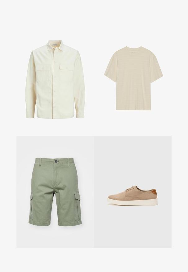 Hellbeige Langarmhemd mit klassischem Kragen, zwei Fronttaschen, Knopfverschluss und strukturiertem Stoff.; Cremfarbener T-Shirt mit kurzen Ärmeln, das über eine subtile gestreifte Textur und einen runden Ausschnitt verfügt, aus leichtem Stoff gefertigt.; Grüne Cargo-Shorts aus Baumwolle, ausgestattet mit Seitentaschen, einem Knopfverschluss und genähten Nähten. Das Design ist gerade geschnitten mit einem Saumabschluss.; Beige Wildleder-Sneaker mit runder Zehenpartie, Schnürung und strukturiertem Rückenteil. Die weiße Gummisohle sorgt für einen Kontrast. Einfaches und modernes Design.