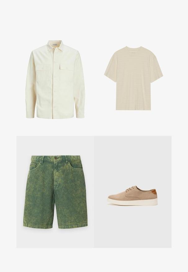 Kergedbež pika-särk pikkade varrukatega, krae ja kahe eespool asuva taskuga, nööpidega kinnitamine ja reljeefne materjal.; Kreemi tooni lühikese varrukaga T-särk, mis sisaldab õrna triibulist tekstuuri ja ümardatud kaelust, valmistatud kergest kangast.; Roheline sametist lühikesed püksid, mis on varustatud tekstuurse ribarelvaga, viie taskuga disainiga ja nööbiga sulgemisega. Õrnad heledamad aktsendid kogu ulatuses.; Beežid nahast tossud ümarate varvastega, paeltega esiosa ja tekstuuriga tagakontuuriga. Valge kummist tallapakkumine loob kontrasti. Lihtne ja kaasaegne disain.