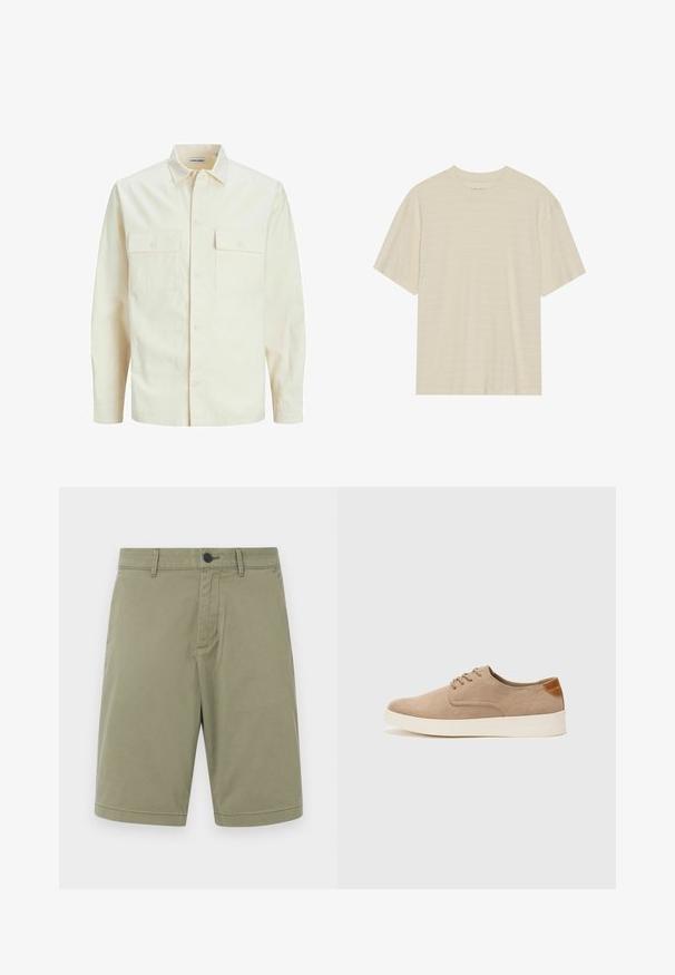 Svetlo béžová košeľa s dlhým rukávom, s golierom, dvoma prednými vreckami, zapínaním na gombíky a textúrovanou látkou.; Krémové tričko s krátkym rukávom s jemnou pruhovanou štruktúrou a okrúhlym výstrihom, vyrobené z ľahkého materiálu.; Khaki šortky vyrobené z bavlny, s pútkami na opasok, predným gombíkom a plochým predným dizajnom s upraveným zakončením a bez vreciek.; Béžové semišové tenisky s okrúhlou špičkou, šnurovaním vpredu a textúrovaným zadným akcentom. Biela gumová podrážka poskytuje kontrast. Jednoduchý a moderný dizajn.