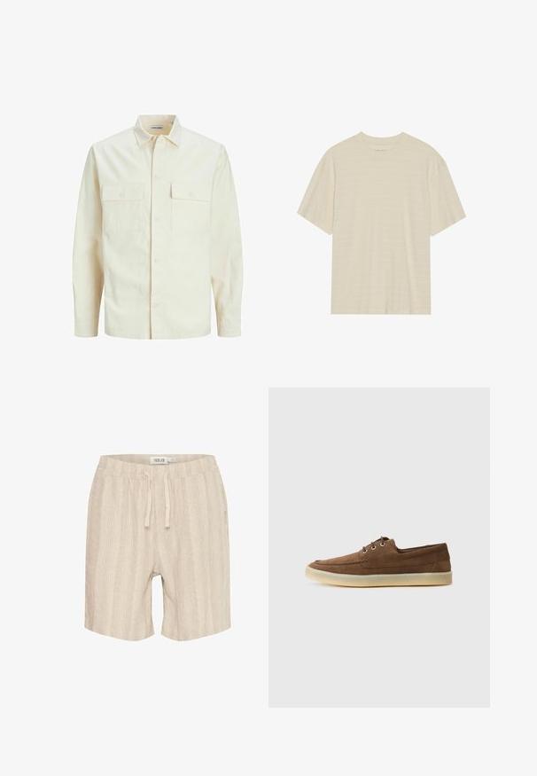 Lichtbeige langemouwen shirt met een kraaghalslijn, twee voorzakken, knoopsluiting en een gestructureerde stof.; Crème-kleurig t-shirt met korte mouwen, voorzien van een subtiele gestreepte textuur en een ronde halslijn, gemaakt van lichte stof.; Beige katoenen shorts met verticale streepjes, elastische tailleband, trekkoord en zijzakken. Zachte textuur en casual ontwerp.; Bruine suede schoenen met een laag profiel, vetersluiting, rubberen zool en contrasterende stiksels. Eenvoudige en functionele stijl.