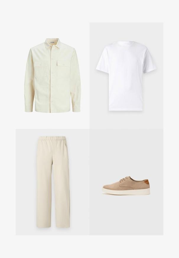 Šviesiai smėlio spalvos ilgomis rankovėmis marškiniai su apykakle, dviem priekinėmis kišenėmis, mygtukų uždarymu ir tekstūruota medžiaga.; Baltas trumpas rankovės marškinėlis, pagamintas iš medvilnės, su apvaliu kaklu, pasižymintis lygiu paviršiumi ir paprastu dizainu be raštų ar akcentų.; Smėliniai plačiakelniai kelnes su elastinga juosta, pagamintos iš minkštos medžiagos. Yra lygi tekstūra ir nėra matomų raštų ar detalių.; Bežiniai zomšiniai sportbačiai su apvaliomis pirštų dalimis, raišteliais priekyje ir tekstūruotu užkulniu. Balta guma suteikia kontrastą. Paprastas ir modernus dizainas.