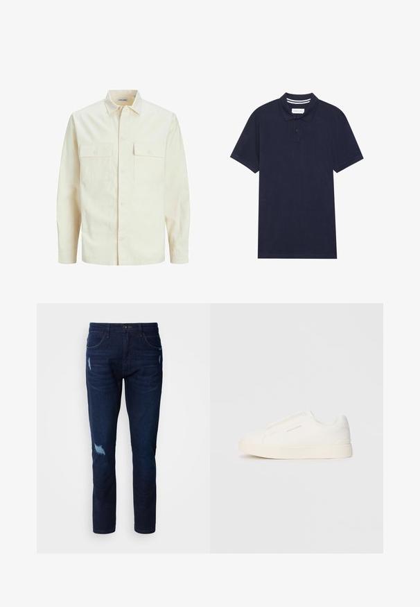 Svijetlo bež košulja dugih rukava s ovratnikom, dva prednja džepa, zatvaranje na dugmad i teksturirani materijal.; Polo majica tamnoplave boje od teksturiranog materijala, s tri dugmeta na prednjem dijelu, kratkim rukavima i detaljima na ovratniku u prugama.; Tamno plave traperice s ravnim krojem, s istaknutim zakrpama i manjim trošenjem. Klasičan dizajn s pet džepova i kopčanjem na dugme.; Bijele slip-on tenisice s teksturiranom površinom, debelim đonom i minimalističkim dizajnom. Sadrže logo branda sa strane.
