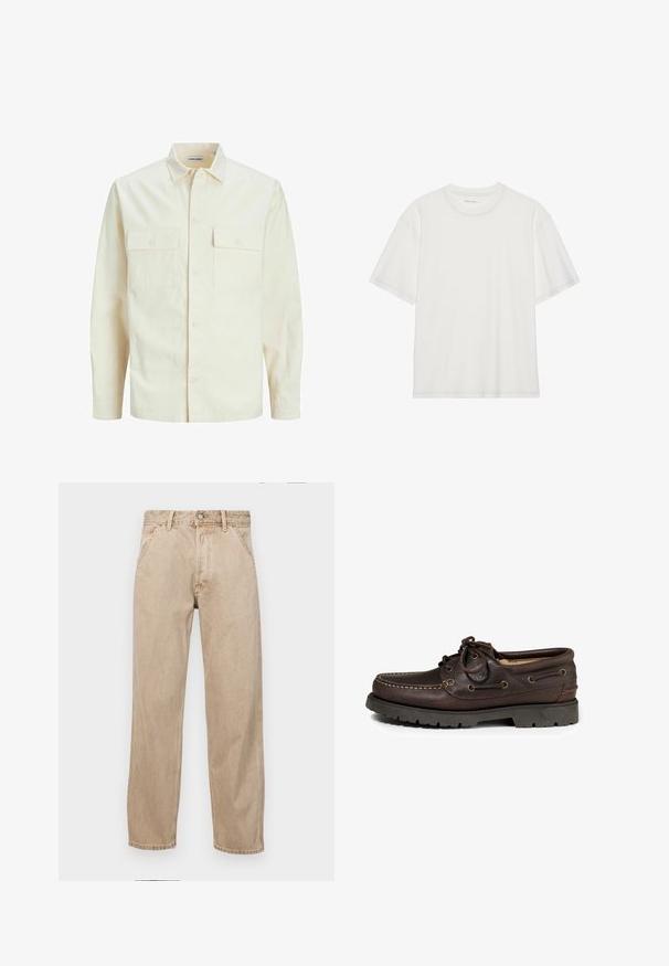 Světle béžová košile s dlouhým rukávem, límečkem, dvěma předními kapsami, zapínáním na knoflíky a strukturovanou tkaninou.; Bílá bavlněná tričko s krátkými rukávy, kulatým výstřihem a kontrastním prošíváním kolem výstřihu a rukávů.; Béžové džíny z denimu se středně širokým střihem, vybavené předními kapsami, kovovým zapínáním na knoflík a jemnou texturou.; Hnědé kožené lodní boty s zaoblenou špičkou, prošitím a kovovými oky na tkaničky. Gumová podešev s vzorem pro zvýšení trakce.