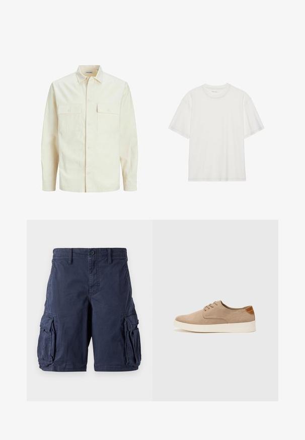 Svetlo béžová košeľa s dlhým rukávom, s golierom, dvoma prednými vreckami, zapínaním na gombíky a textúrovanou látkou.; Biela bavlnená tričko s krátkymi rukávmi, okrúhlym výstrihom a kontrastným prešitím okolo výstrihu a rukávov.; Námořnické modré cargo šortky vyrobené z bavlny. Mají několik bočních kapes, zapínání na knoflík a volný strih. Hladký povrch a odolný design.; Béžové semišové tenisky s okrúhlou špičkou, šnurovaním vpredu a textúrovaným zadným akcentom. Biela gumová podrážka poskytuje kontrast. Jednoduchý a moderný dizajn.
