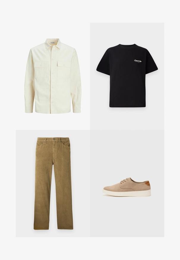 Light beige long-sleeve shirt with a collared neckline, two front pockets, button closure, and a textured fabric.; Black cotton t-shirt featuring a crew neckline, short sleeves, and small white logo text on the left chest. Simple design, classic fit.; Corduroy trousers in a khaki color with a straight cut, featuring vertical ribbed texture, belt loops, and front pockets.; Beige suede sneakers with a rounded toe, lace-up front, and a textured back accent. White rubber sole provides contrast. Simple and modern design.