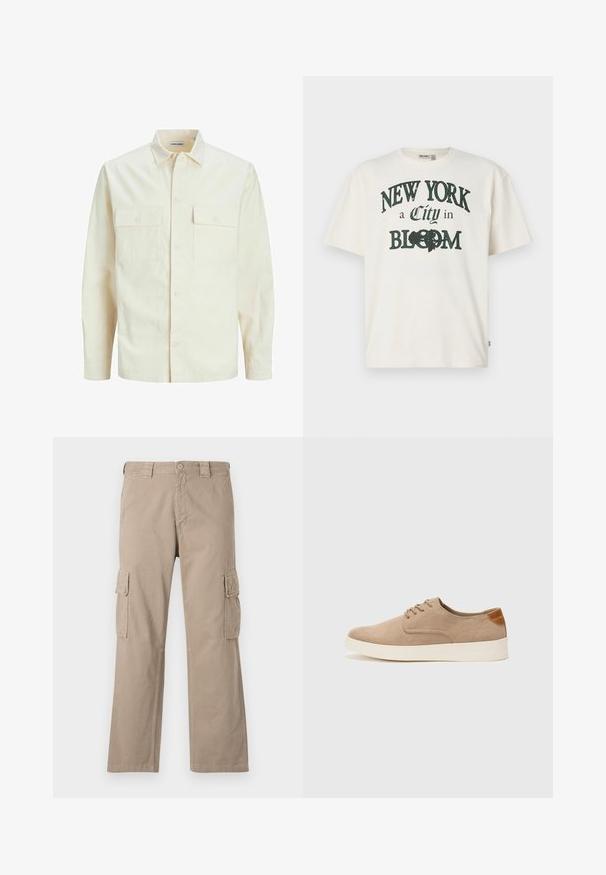 Svijetlo bež košulja dugih rukava s ovratnikom, dva prednja džepa, zatvaranje na dugmad i teksturirani materijal.; Majica od pamučne tkanine u boji krem, s kratkim rukavima, s tiskanim dizajnom koji kaže "NEW YORK, grad u CVATU" u tamnozelenoj boji.; Bež cargo hlače od pamuka s ravnim nogavicama, sa dva cargo džepa sa strane i dugmetom za zatvaranje u struku.; Bež nubuk tenisice s okruglim vrhom, vezanjem sprijeda i teksturiranim stražnjim naglaskom. Bijela gumena potpetica pruža kontrast. Jednostavan i moderan dizajn.