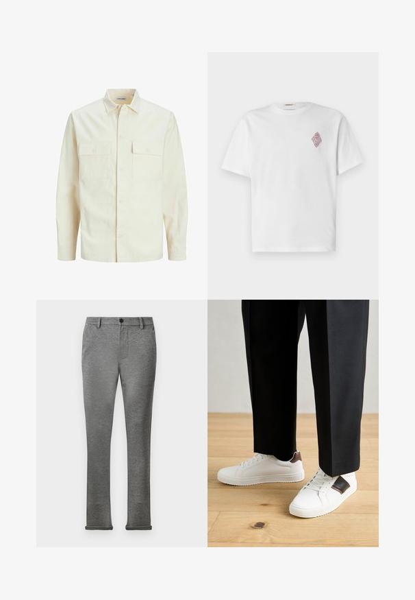 Lys beige langærmet skjorte med krave, to forlommer, knaplukning og et tekstureret stof.; Hvid bomulds t-shirt med korte ærmer, prydet med et rødt broderet diamantdesign på venstre brystområde. Klassisk rund hals.; Grå slim-fit bukser lavet af blødt stof med en subtil tekstur. Har en knaplukning og manchetter for et skræddersyet udseende.; Hvide sneakers med glat tekstur, prydet med brune læderdetaljer og sorte detaljer, sammen med sorte skræddersyede bukser. Baggrund med trægulv.