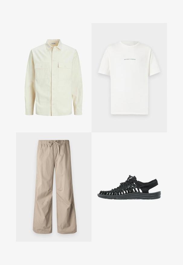 Világos bézs színű, hosszú ujjú ing, galléros nyakkal, két elülső zsebbel, gombos záródással és struktúrált anyaggal.; Fehér pamut póló rövid ujjal és kerek nyakkal. Középre elhelyezett szöveg olvasható: "ÜDVÖZÖLJÜK A PARADICSOMBAN" íves zöld betűtípussal.; Beige, bő szárú nadrág rugalmas derékpánttal és zsinórral. Sima textúra, két oldalsó zseb és minimális varrások a kényelmes illeszkedésért.; Fekete szandál, szőtt szintetikus felsőrésszel, állítható fűzőzárral és párnázott talppal. Nyitott kialakítása légáteresztésre tervezve.
