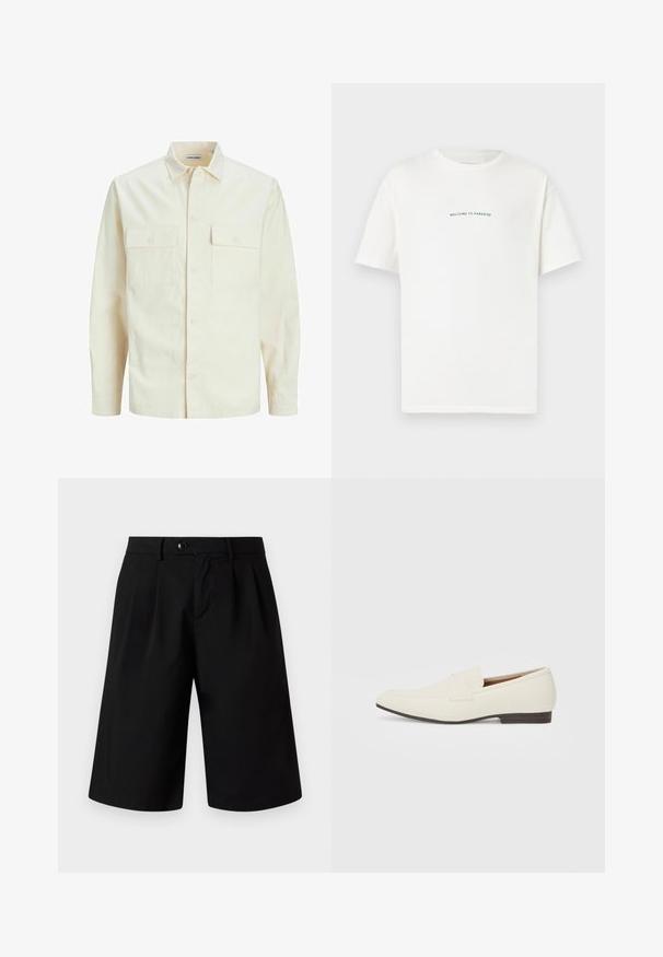 Lichtbeige langemouwen shirt met een kraaghalslijn, twee voorzakken, knoopsluiting en een gestructureerde stof.; Witte katoenen t-shirt met korte mouwen en een ronde hals. In het midden staat de tekst "WELKOM BIJ HET PARADIJS" in een gebogen groene lettertype.; Jack & Jones JPSTBILL FLINT - Shorts - black; Lichtbeige loafers met een spitse neus, glad materiaal, een band over de wreef en een lage bruine zool. Eenvoudig ontwerp met minimale accenten.