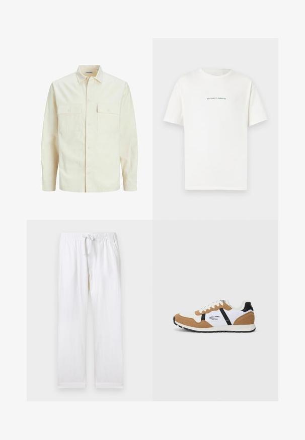 Lichtbeige langemouwen shirt met een kraaghalslijn, twee voorzakken, knoopsluiting en een gestructureerde stof.; Witte katoenen t-shirt met korte mouwen en een ronde hals. In het midden staat de tekst "WELKOM BIJ HET PARADIJS" in een gebogen groene lettertype.; Witte ontspannen pasvorm broek met een elastische tailleband en verstelbaar trekkoord. Heeft zijzakken en een zachte katoenstructuur.; Retro-stijl sneaker met witte, tan suede, zwarte accenten, witte veters en het "Jack & Jones EST. 1990" logo aan de zijkant.