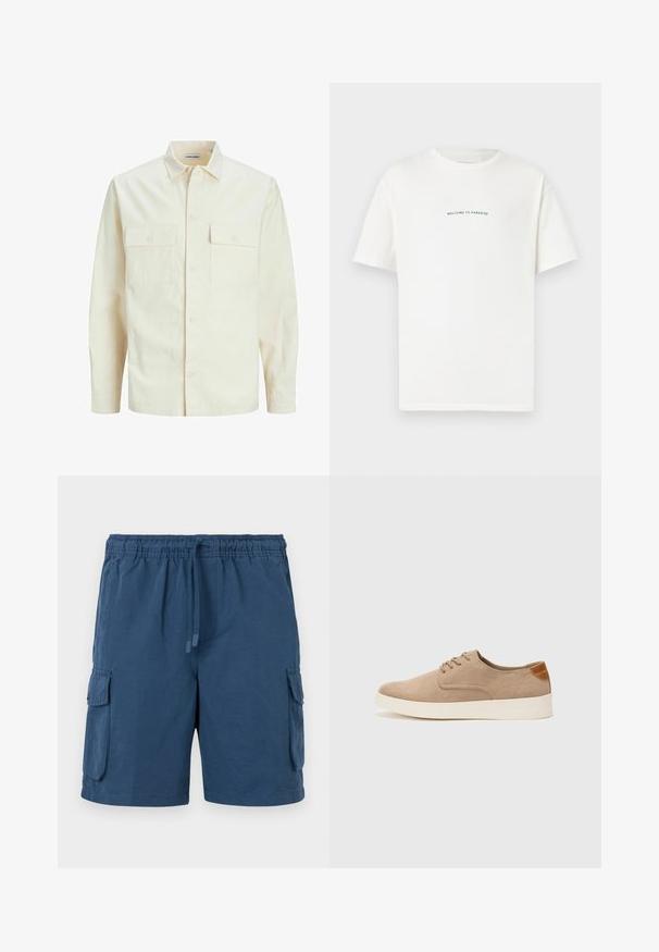 Šviesiai smėlio spalvos ilgomis rankovėmis marškiniai su apykakle, dviem priekinėmis kišenėmis, mygtukų uždarymu ir tekstūruota medžiaga.; Balta medvilninė marškinėliai trumpomis rankovėmis ir apvaliu iškirpimu. Viduryje esantis tekstas sako "SVEIKI ATVYKĘ Į PARADISĄ" kreiptu žaliu šriftu.; Jūriniai mėlyni cargo šortai, pagaminti iš lengvos medžiagos, su elastine juosta, raiščiu ir dviem šoniniais kišenėmis. Lygus paviršius.; Bežiniai zomšiniai sportbačiai su apvaliomis pirštų dalimis, raišteliais priekyje ir tekstūruotu užkulniu. Balta guma suteikia kontrastą. Paprastas ir modernus dizainas.