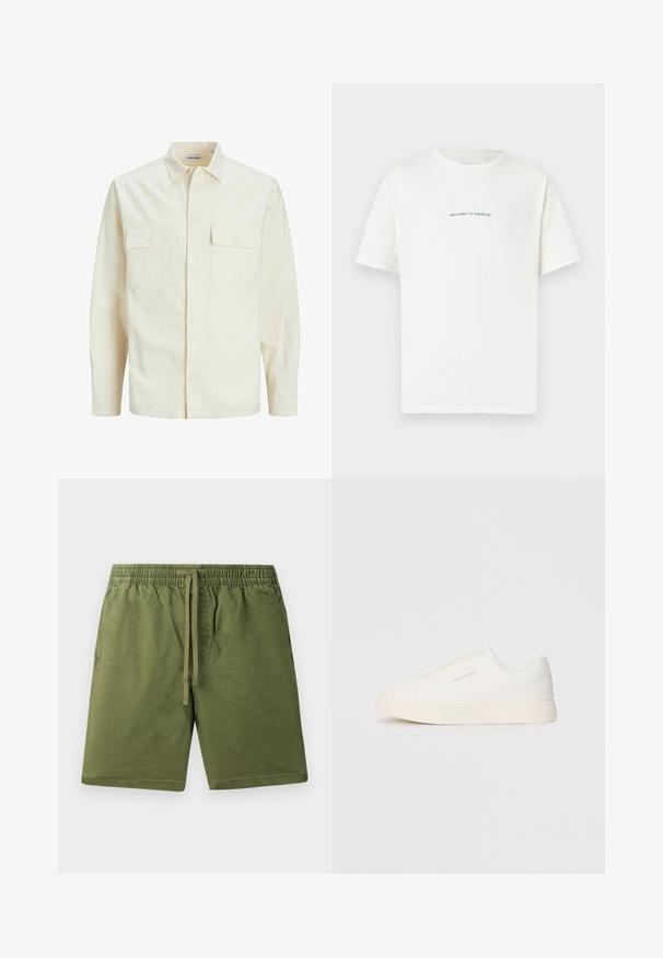 Világos bézs színű, hosszú ujjú ing, galléros nyakkal, két elülső zsebbel, gombos záródással és struktúrált anyaggal.; Fehér pamut póló rövid ujjal és kerek nyakkal. Középre elhelyezett szöveg olvasható: "ÜDVÖZÖLJÜK A PARADICSOMBAN" íves zöld betűtípussal.; Khaki zöld, puha pamutból készült sort, elasztikus derékkal és zsinórral, oldalzsebekkel. Sima felület, laza dizájn.; Fehér slip-on sportcipők texturált felülettel, vastag talppal és minimalista dizájnnal. Az oldalon a márka logója található.