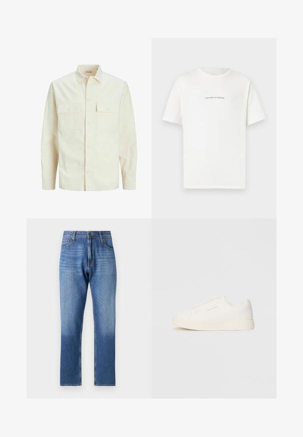 Šviesiai smėlio spalvos ilgomis rankovėmis marškiniai su apykakle, dviem priekinėmis kišenėmis, mygtukų uždarymu ir tekstūruota medžiaga.; Balta medvilninė marškinėliai trumpomis rankovėmis ir apvaliu iškirpimu. Viduryje esantis tekstas sako "SVEIKI ATVYKĘ Į PARADISĄ" kreiptu žaliu šriftu.; Mėlynos džinsinės kelnės su palaipsniui šviesėjančiu efektu link apvado, tiesaus kirpimo dizainas, penki kišenės ir metalinis mygtuko užsegimas.; Baltos slip-on sportbačiai su tekstūruota paviršiumi, storesniu padu ir minimalistišku dizainu. Šone matosi prekės ženklo logotipas.